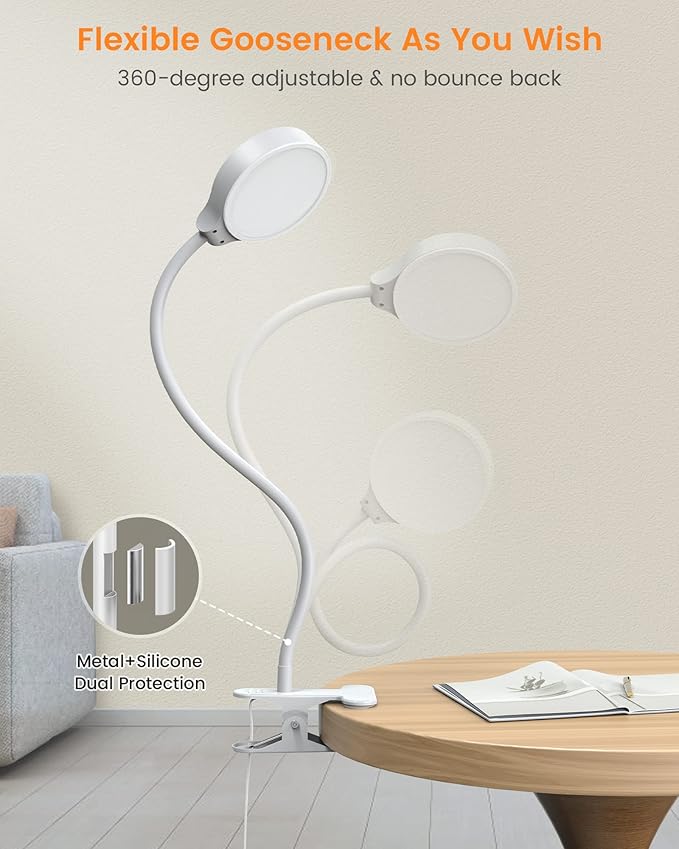 Glocusent 5W Clip on Light, 36 LED Eye Caring Reading Light for Bed, 3 Colors & 5 Brightness Clip on Lamp with Adapter, Perfect Reading Light for Bed Lamp/Bunk Bed Light