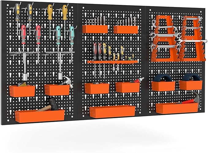 Goplus Pegboard Wall Organizer, 9-Bin Parts Rack Organizer w/Hammer Racks, Tool Holders & Hooks, Heavy-Duty Utility Tool Storage Board w/Accessories for Garage, Workshop, Craft Room