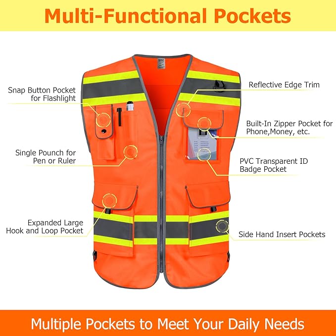 TCCFCCT Hi Vis Vest 9 Pockets High Visibility Reflective Safety Vest for Men Women, Construction Work Vest with Fluorescent Yellow Extend Edge, Durable to Use, Meets ANSI/ISEA, (DB-Orange, Medium)