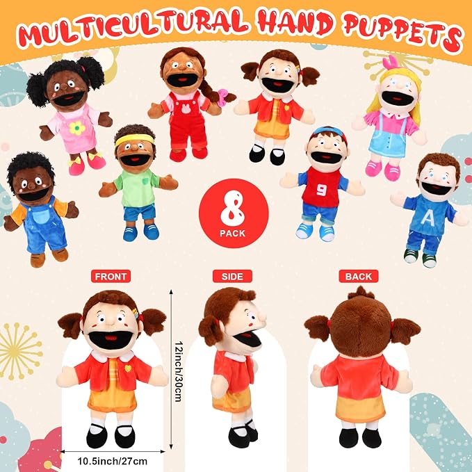 Lenwen 8 Piece Kids Hand Puppet Gifts Set 12 Inch Multicultural Plush Hand - Image 2