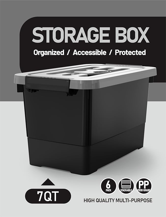 WYT 7 Quart Storage Bins with Lids and Latch, 6-Pack Stackable Plastic Organizing Box with Buckle and Handle, Durable Nestable Totes Containers (Black/Grey)
