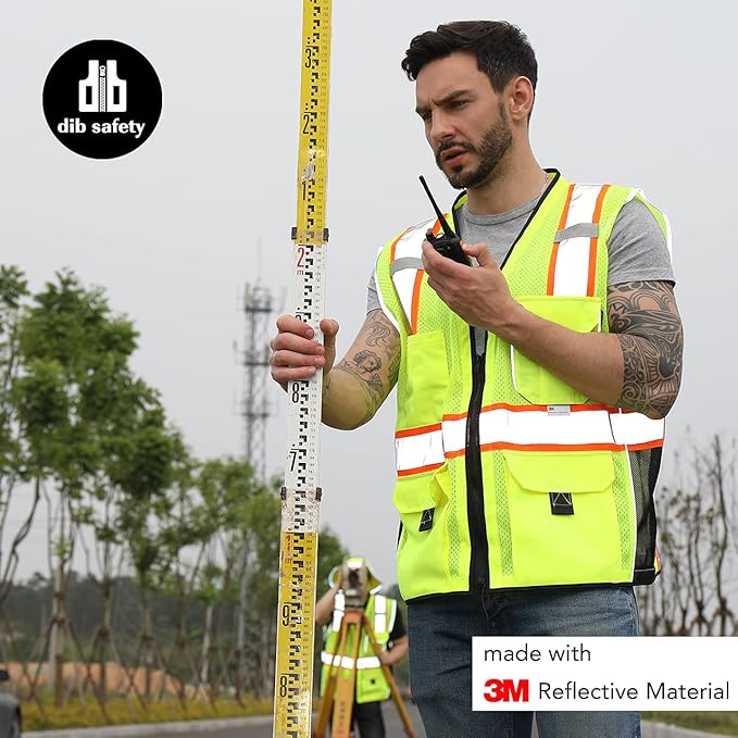 Dib Safety Vest Reflective Yellow Mesh, High Visibility Vest with Pockets and Zipper, ANSI Class 2 Heavy Duty, Made with 3M Reflective Tape XL