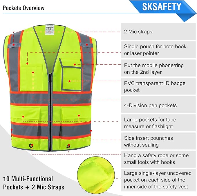SKSAFETY 10 Pockets Safety Vest, Class 2 High Visibility Security with Zipper, Hi Vis Vest with Reflective Strips, ANSI/ISEA Standard, Construction Work Vest for Men ＆ Women （Lime, 4XL）