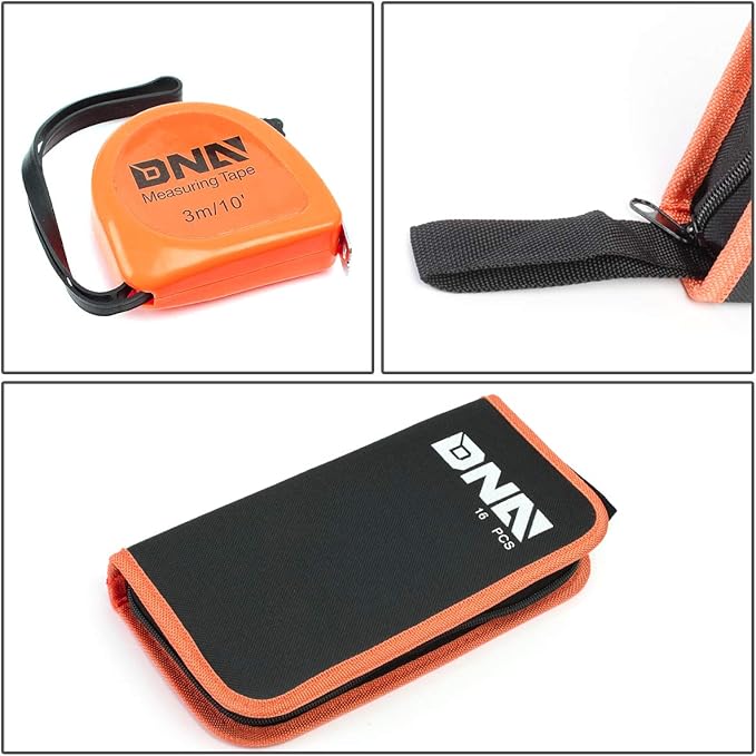 DNA MOTORING 18pcs Mechanic Home Repair Tool Set, Includes Pliers, Wrench, Hex Key, Screwdriver, Scissors, Tape Measurer, Mechanic repair set, w/Carrying Case, Orange/Black, TOOLS-00032
