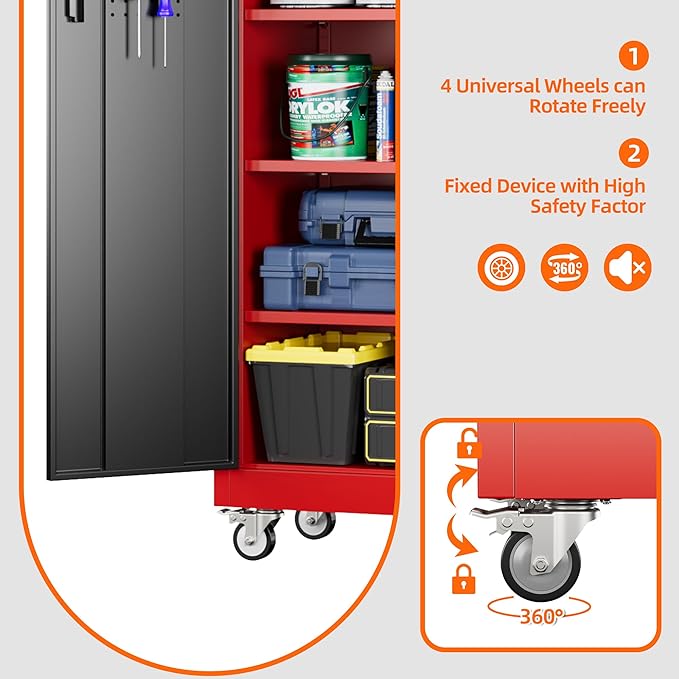 Metal Garage Storage Cabinet with Pegboard, 71''H*32" W*16" D Rolling Tool Cabinets on Wheels with 5 Adjustable Shelves for Garage Home Warehouse Utility Room, Assembly Required,Red and Black