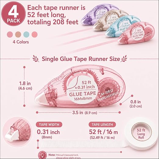 MARCADORUS Glue Tape Roller, Double Sided Tape Scrapbook 4 Pack Extra Long | - Image 3