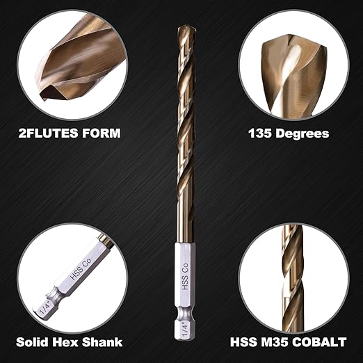 Hex Shank Cobalt Drill Bit Set 16Pcs 1/16"-3/8", M35 HSS Twist Impact Drill Bits for Metal and Hardened Steel, with Indexed Storage Case