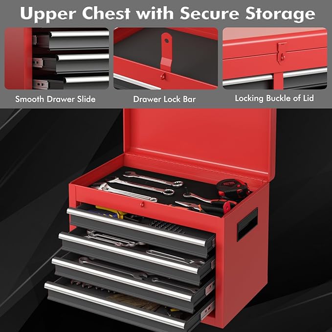 Goplus Tool Chest, 5 Drawers Rolling Tool Cabinet with Detachable Top Toolbox, Universal Lockable Wheels, Lock Bar, Protective Liner & Tool Rack, Metal Tool Storage Cart, Tool Box for Garage Workshop