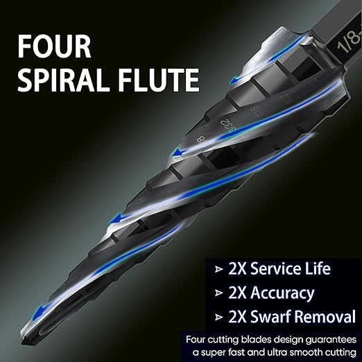 M35 Cobalt Step Drill Bit - 1/8" to 1/2" (13 Sizes) - Unibit Four Spiral Flute - 1/4" Hex Shank - Metal Drilling Bit: High Strength, Durability, Efficient