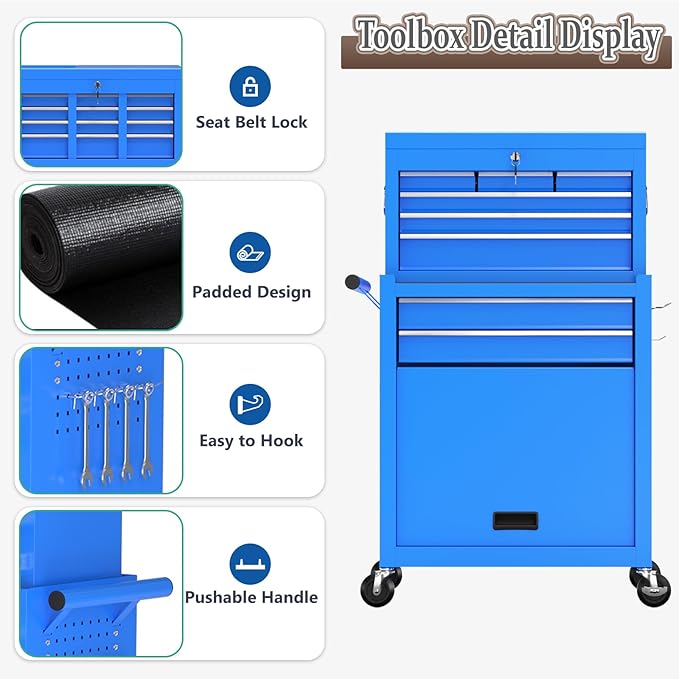 8 Drawer Tools Chest,42.9 inch Tool Cabinet with Universal Lockable Wheels，Organizable Tool Box with Detachable Top Box for Workshop，Blue