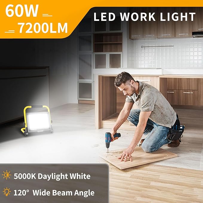 7200LM LED Work Light with 16FT Cord & Switch, 60W Outdoor Flood Light, IP66 Waterproof Portable Job Site Lighting with Stand, 5000K Dayight Worklight for Construction Garage Workshop Car Repairing
