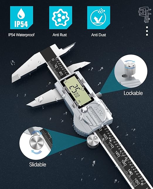Digital Caliper 6 Inch, (ABS) Absolute Scale Caliper, IP54 Caliper Measuring Tool, Inch/MM/Fraction, Auto-Off LCD Stainless Steel Waterproof Micrometer Vernier Caliper, with Feeler Gauges