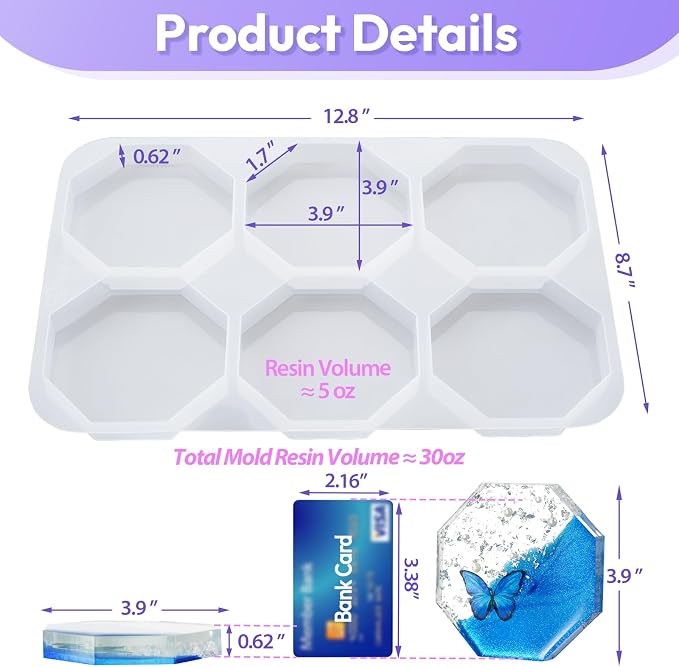 HeyClear 6-Cavity Coaster Silicone Molds, Octagon Coaster Molds - Image 4