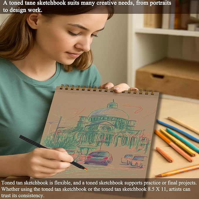 Fuxi Toned Tan Sketchbook 8.5x11, 60 Sheets Acid- Free Tan Paper, Spiral Bound - Image 7