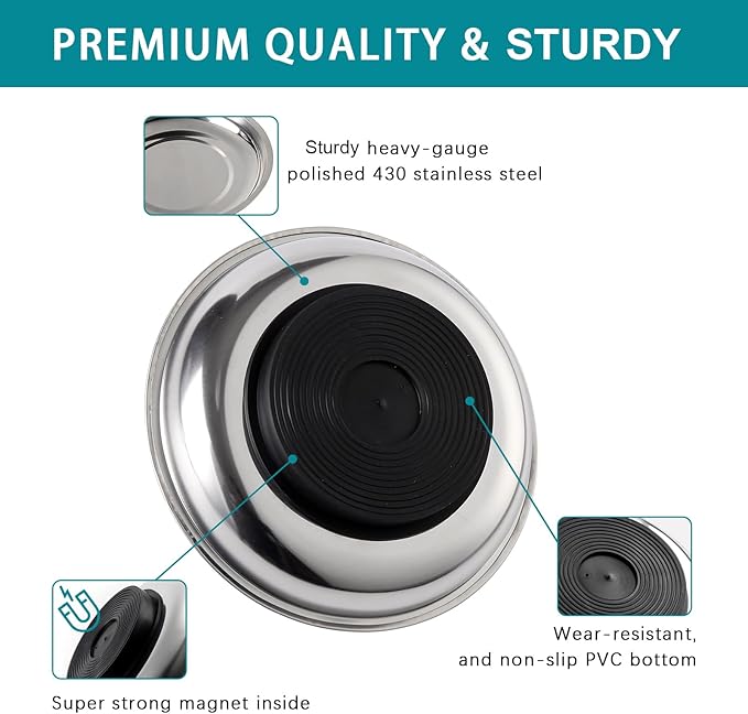 6 Pieces 4.2” Round Magnetic Bowl Trays Set Stainless Steel Magnet Tool Tray Parts Holder for Screws, Sockets, Bolts, Pins, Mechanic's and Automotive