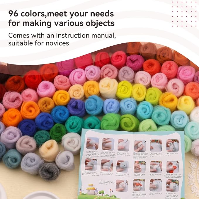 JUPEAN 96Pcs Needle Felting Wool 10.4 oz Wool Roving Yarn Needle Felting Kit - Image 3