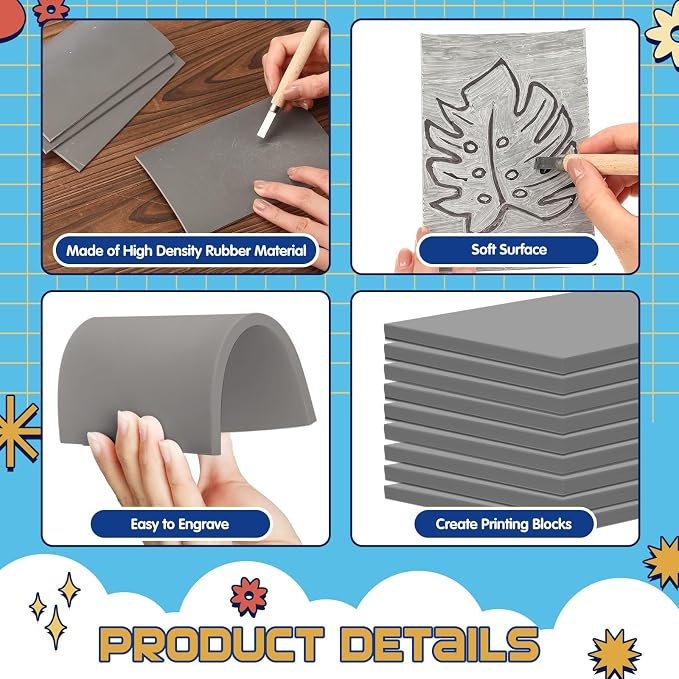 MotiMind 48 Pcs Gray Linoleum Block Rubber Stamp Carving Blocks Soft Linocut - Image 3