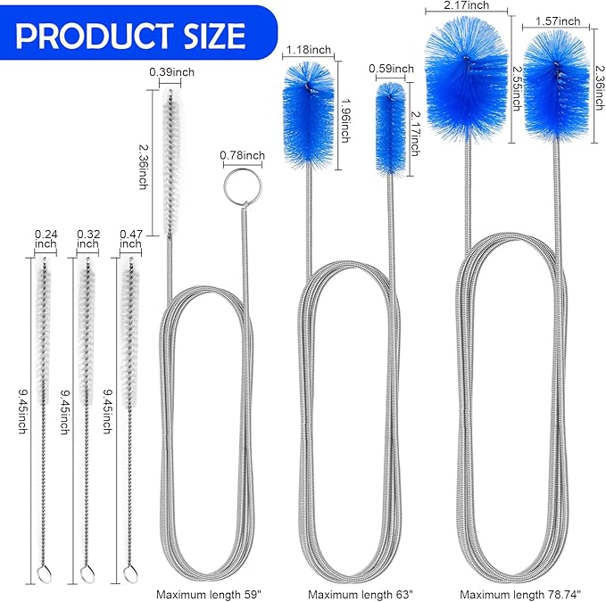 12pcs Flexible Drain Brush 78 Inch Pipe Cleaning Brush 63 Inch Drain Cleaner Brush 59 Inch Hose Brush and 3 Pcs 9 Inch Straw Cleaner Brush for Straws Kitchen Sink Plumbing Shower Drain Tube (Blue)