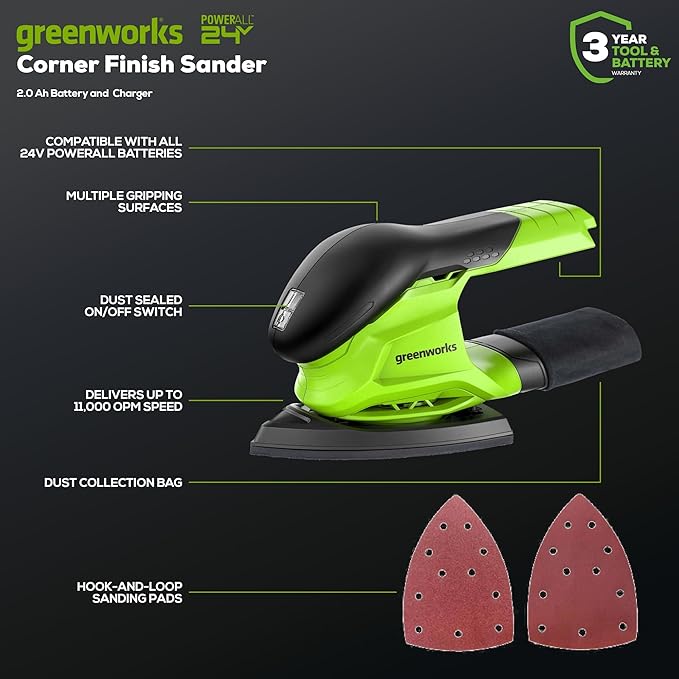 Greenworks 24V Cordless Finishing Sander 11,000 OPM, Tool-Only (Battery and Charger Sold Separately)