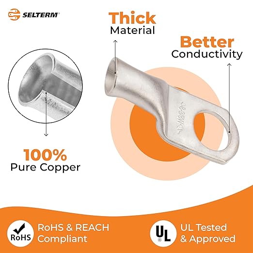 SELTERM 25pcs 8 AWG 3/8" Stud Marine Grade Tinned Copper Battery Cable Lugs, 8 Gauge Ring Terminals, UL Wire Lugs Electrical Battery Cable Ends, Tinned Copper Lugs Battery Terminal Connectors