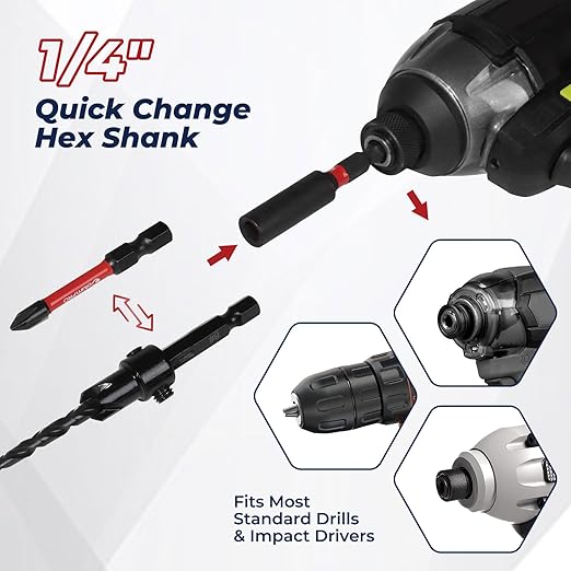15PCS Countersink Drill Bit Set, Woodworking Tapered Drill Bits, Plug Cutter, 1/4" Hex Shank