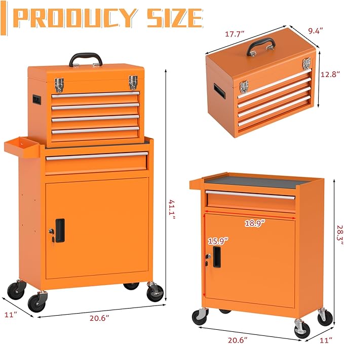 5-Drawer Rolling Tool Chest,Garage Storage Tool Box with Wheels,Lockable and Detachable Tool Cabinet,Heavy Duty Metal Tool Cart with Wheels for Garage,Warehouse,Workshop (Orange)