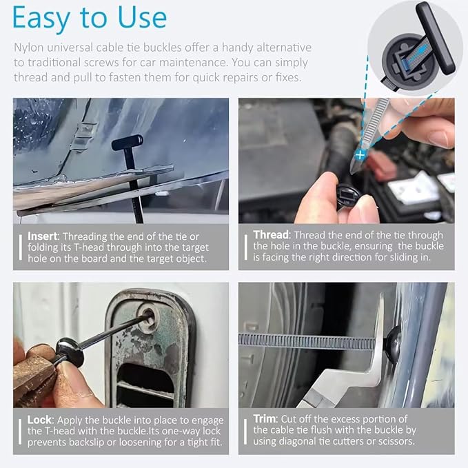 100 Pcs Nylon Multifunctional Cable Tie Buckle,Heavy Duty Self-Locking Nylon Zip Ties Holder for Car Daily Repair Bumper Clips fits Various Environments