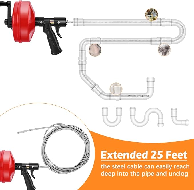 25 FT Drain Snake 2.0 with Double Mode, 10-In-1 Drain Auger for Sink and Drain Unblocking, Plumbing Snake for Real DYIs