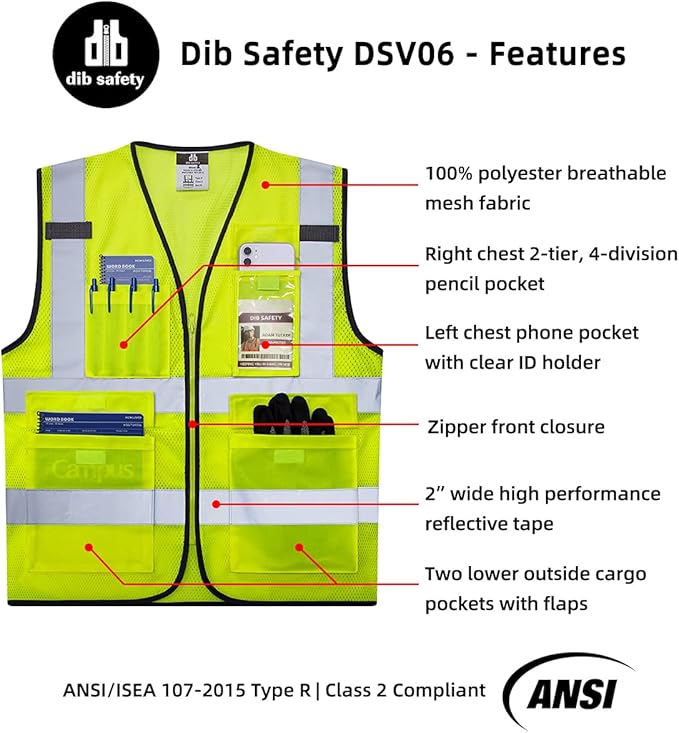 Dib Safety Reflective Vest Mesh, High Visibility Vest with Pockets and Zipper, Construction Work Vest ANSI Class 2,Yellow Mesh S