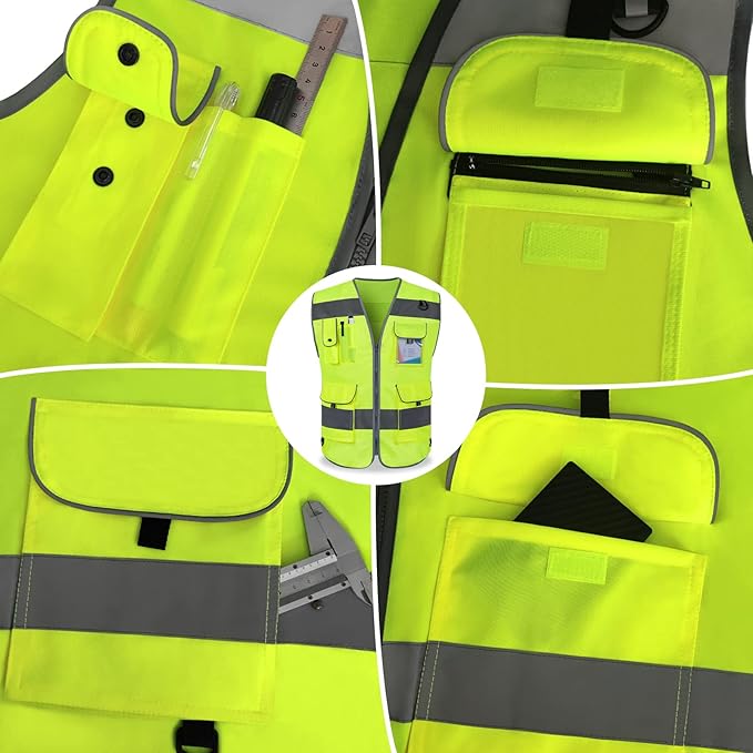 TCCFCCT Safety Vest for Men Women 9 Pockets High Visibility Reflective Vest for Safety, Work Vest with Reflective Strips, Meets ANSI/ISEA Standards, (Yellow, X-Large)