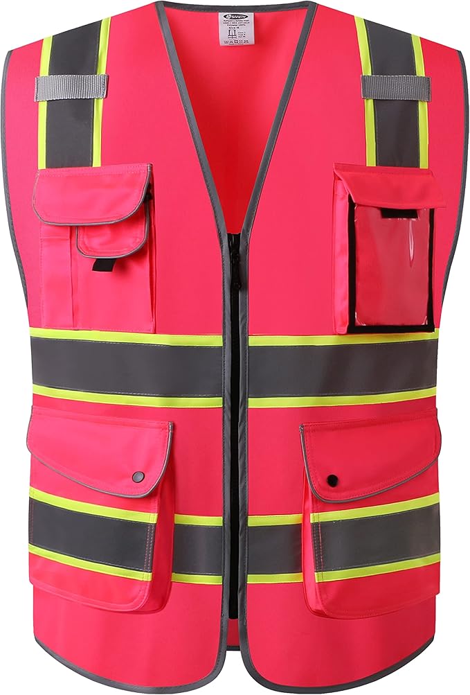 JKSafety 9 Pockets High Visibility Zipper Front Safety Vest | Pink with Dual Tone High Reflective Strips | Meets ANSI/ISEA Standards (901-Pink, XX-Large)