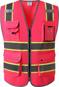 JKSafety 9 Pockets High Visibility Zipper Front Safety Vest | Pink with Dual Tone High Reflective Strips | Meets ANSI/ISEA Standards (901-Pink, XX-Large)