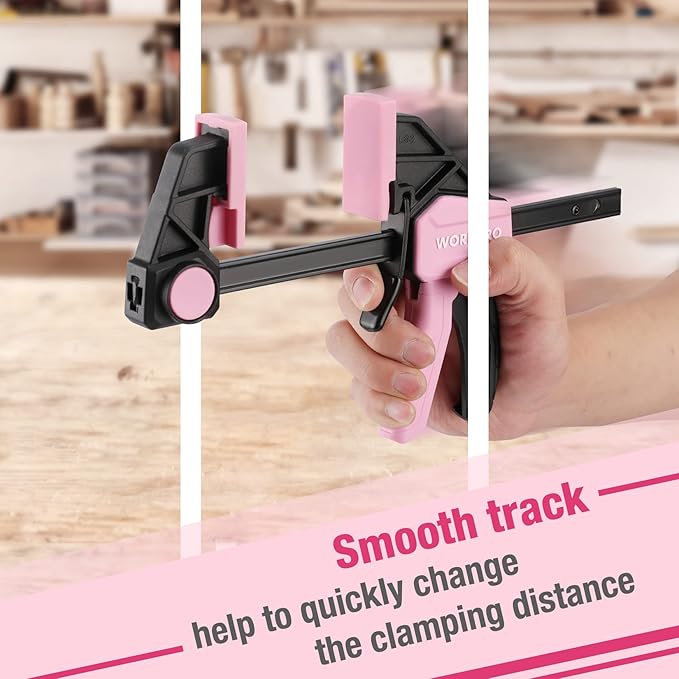 WORKPRO Bar Clamps for Woodworking, 6-Pack One-Handed Clamp/Spreader, 4PC 6" and 2PC 12" Wood Clamp Set, Light-Duty Quick-Change F Clamps with 150 lbs Load Limit, Pink Ribbon