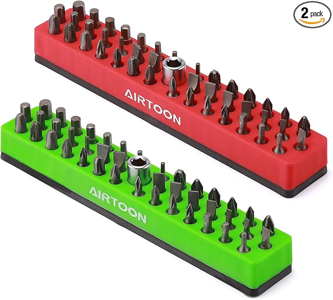 AIRTOON 2PCS 1/4" Magnetic Hex Bit Holder, 43 Holes Bit Storage with Strong Magnetic Base, Magnetic Screwdriver Bit Organizer, Red and Green