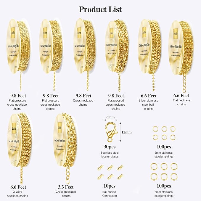 Ecoofor Gold Necklace Chains for Jewelry Making, 62.3 Feet 8 Rolls Jewelry - Image 3