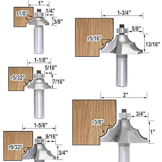 5Pcs Bearing Guided Bead Ovolo Bit Set,1/2" Shank Double Ribbed Ovolo Bits with Twin Arc,Rounding Over Radius 1/8”,5/32",9/32",5/16" and 3/8" for Wood Edging,Profiling,Molding