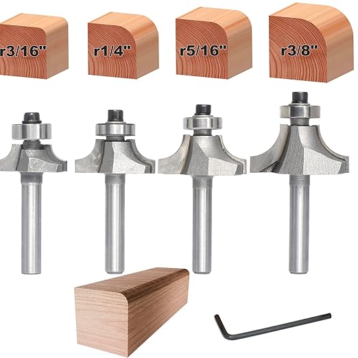 4Pcs Roundover Router Bits,Radius -3/16",1/4",5/16",3/8" Edge Forming Router Bit Set,1/4 Inch Shank,Corner Rounding Router Bits,for Round Trimming,with Ball Bearing Guide