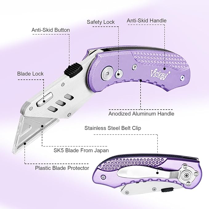 Vickay Folding Utility Knife, Box Cutter with 5 SK5 Quick Change Blades, Safety Axis Lock Design Razor Knife, Lightweight Aluminum Handle Belt Clip for Office Home Artcraft （Light Purple)
