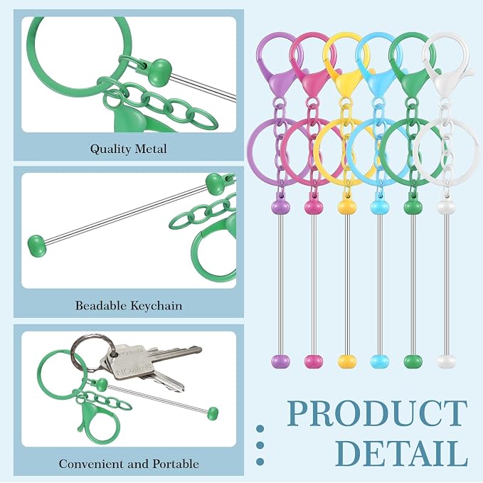 Tondiamo 12 Pcs Beadable Keychains Bars Bulk Blank Beaded Metal Keychain - Image 3