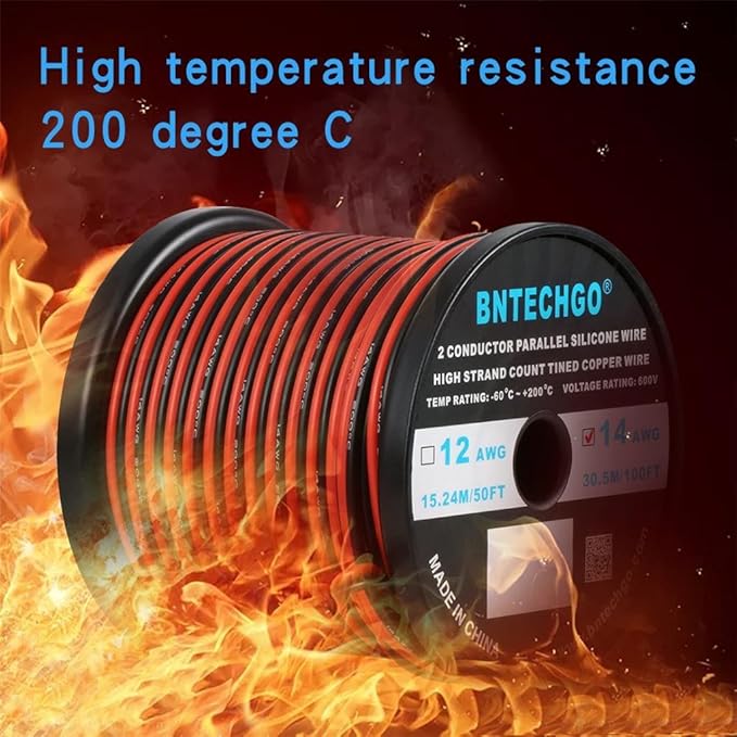 BNTECHGO 14 Gauge Flexible 2 Conductor Parallel Silicone Wire Spool Red Black High Resistant 200 deg C 600V for Single Color LED Strip Extension Cable Cord,Model,100ft Stranded Tinned Copper Wire