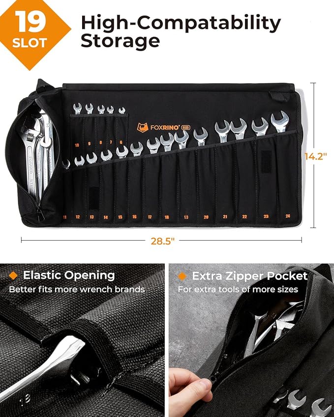 Wrench Roll, Wrench Roll Up Pouch, Gifts for Men Father Dad Mechanic, Heavy Duty Canvas Wrench Organizer Bag (Black, 19+1 Metric)