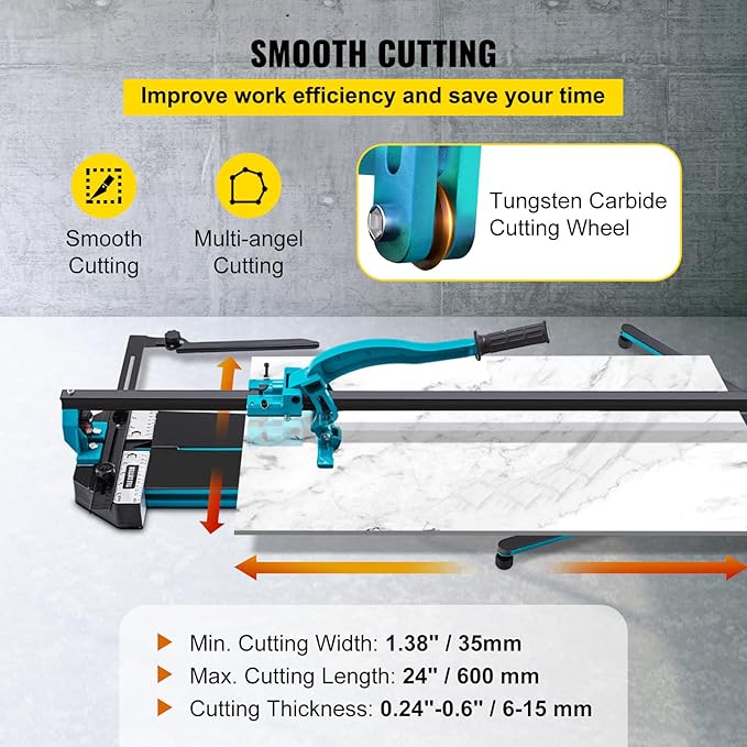VEVOR Manual Tile Cutter, 24 inch, Porcelain Ceramic Tile Cutter with Tungsten Carbide Cutting Wheel, Infrared Positioning, Anti-Skid Feet, Durable Rails for professional installers or beginners