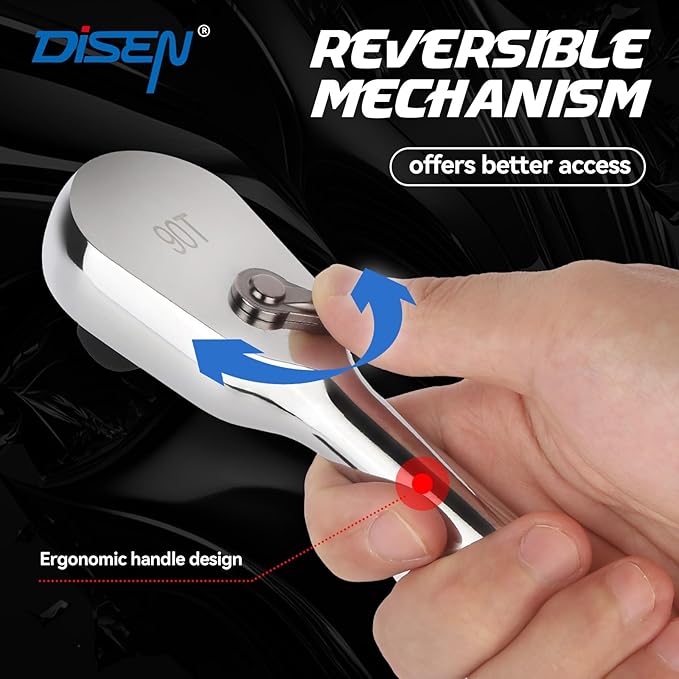 DISEN 3/8" Drive Ratchet,90-Tooth Ratchet Wrench with 10" Handle and Dust Proof Teardrop Enclosed Head, Reversible, CR-V Steel Made, CR-MO Head, Full Polished, Gifts for Men