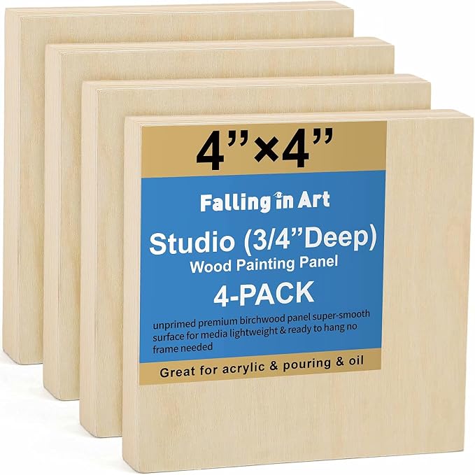 Falling in Art 4 Pack 4x4’’ Unfinished Birch Wood Panels Kit by FallinginArt