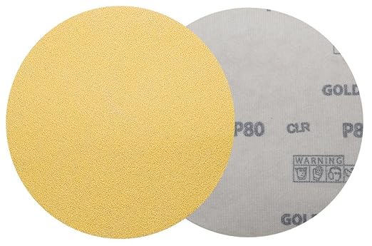 Benchmark Abrasives 5 Inch Sanding Discs Hook and Loop, Aluminum Oxide Stearated Gold No Holes Adhesive Sandpaper for Surface Blending, Automotive - Orbital Sander Sandpaper (50 Discs), 120 Grit