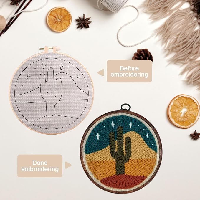 PYHIRRY Punch Needle Kits Adults Beginner Cactus，with Tool, Fabric & Video - Image 6