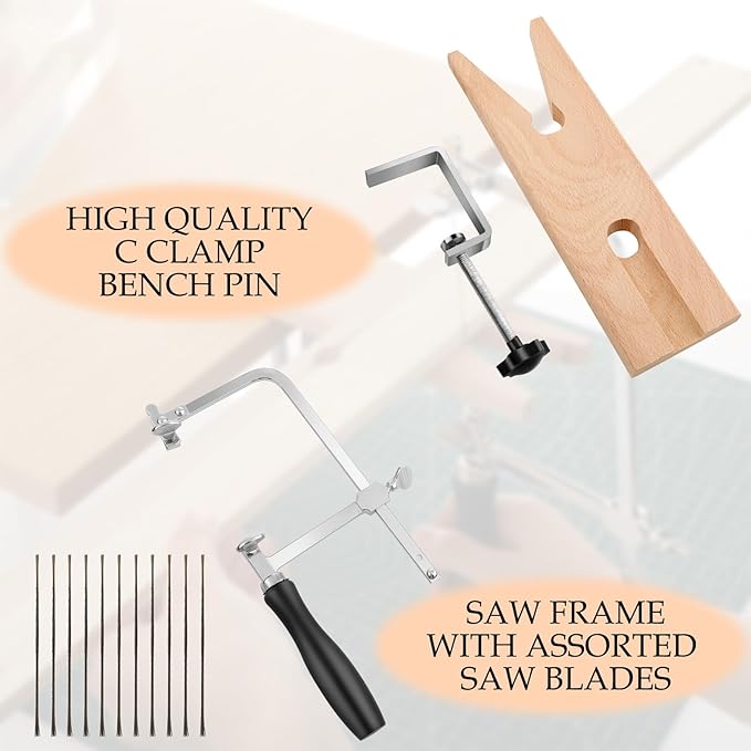 Lasnten 3 in 1 Professional Jeweler's Saw Set Saw Frame Adjustable with 144 Blades Wooden Bench Pin Clamp Set V-slot Bench Pin Jewelers Versatile Tools for Precise Jewelry Making DIY Wood Metal
