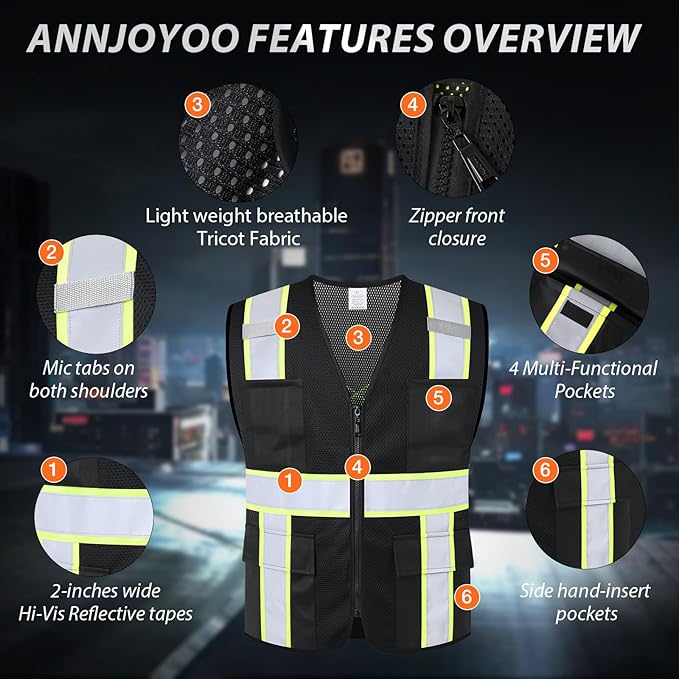 Class 2 Safety Vest with Zipper Front and multiple Pockets, High Visibility Vest, Meets ANSI/ISEA Standards