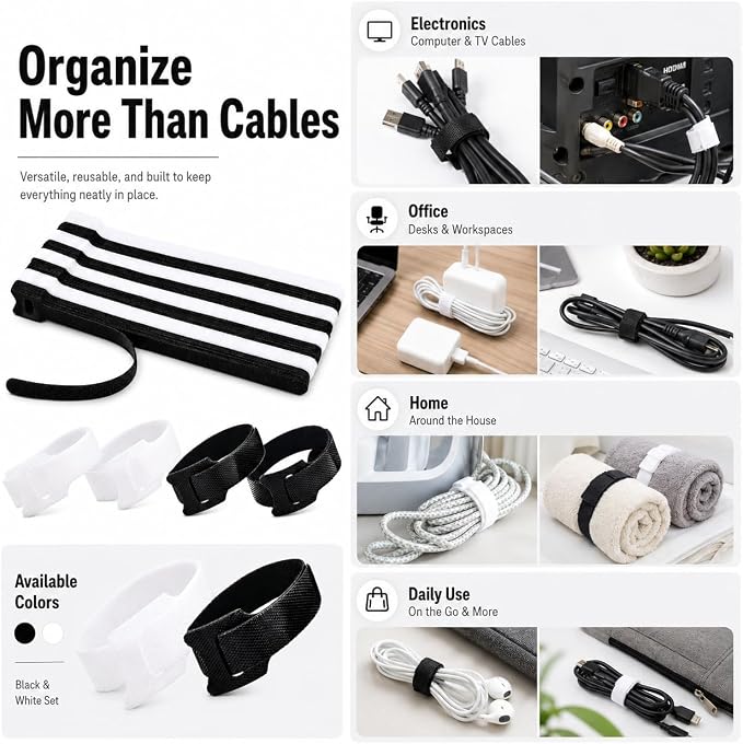 80pcs 8 Inch Cable Ties Reusable Black and White Hook and Loop Cord Ties - Image 8