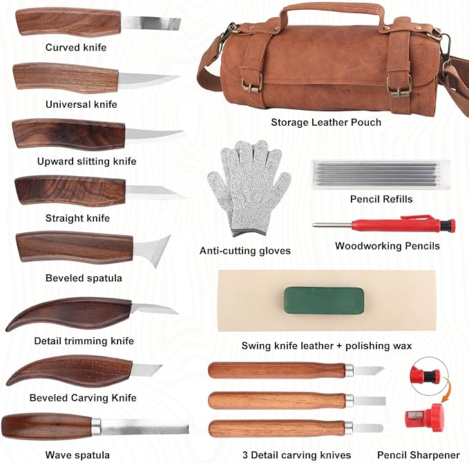 18Pcs Wood Carving Tools Sets with Custom Storage Bag,Wood Carving Knives Kit,Wood Whittling Kit Working Carving Knife Tools Set for Beginner and Carpenter